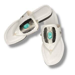 Ali McGraw white turquoise and silver medallion leather sandal NEW